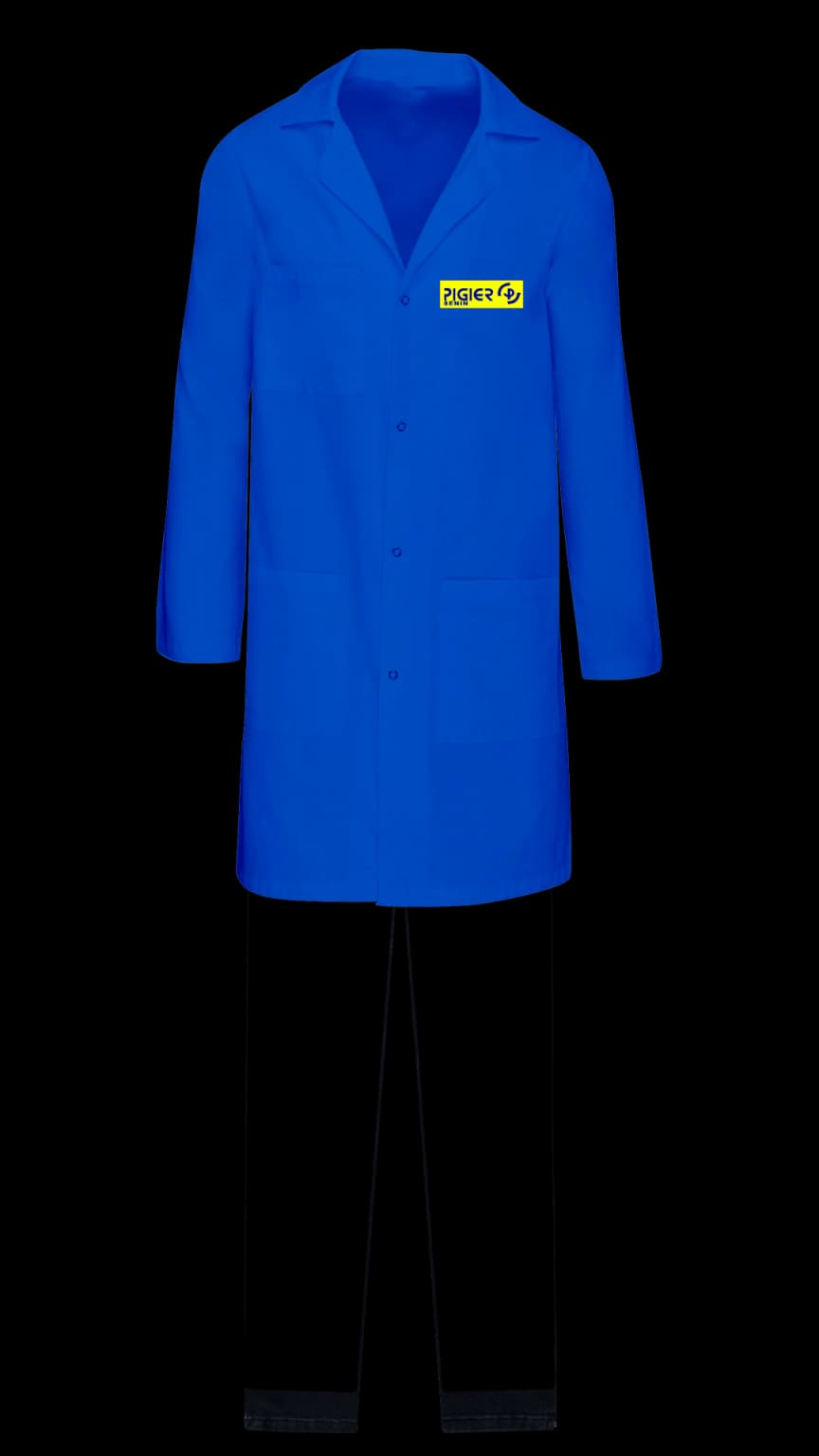 Tenue d'atelier et de terrain : blouse bleue à écusson Pigier-Bénin et pantalon noir